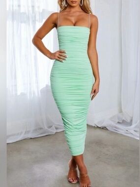 NWT Babyboo Fashion Haven Maxi Dress Mint Green Ruched Mesh Bodycon Size M